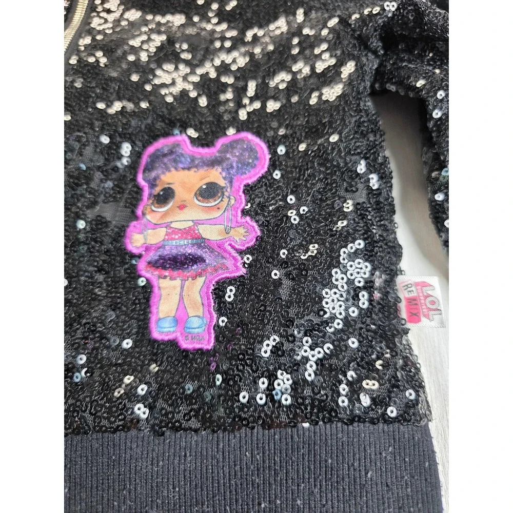 LOL Surprise Remix Black Sequin Bomber Jacket Kids XS 4/5 Y2K Festival Sparkle